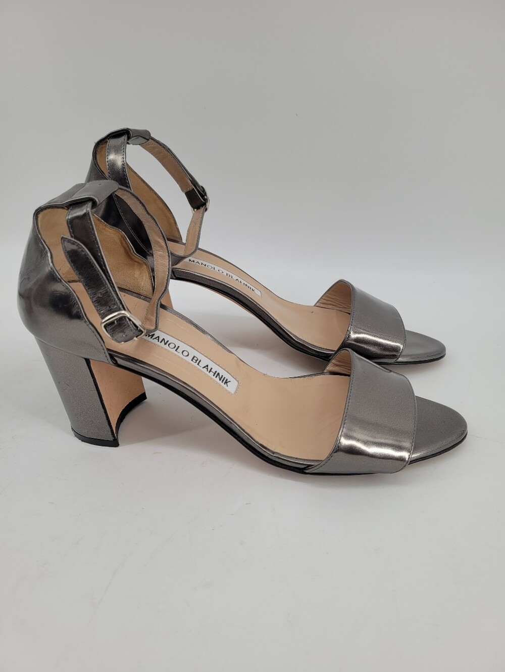 Manolo Blahnik Metallic Gunmetal Ankle-Strap Block Heel Sandals Size 8.5